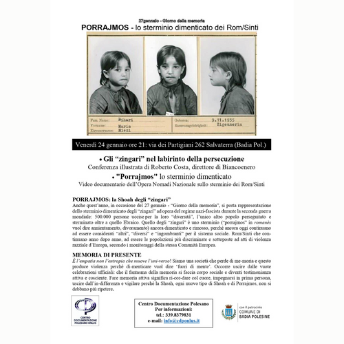 GIORNATA DELLA MEMORIA - "PORRAJMOS – Lo sterminio dimenticato dei Rom/Sinti" - Comune di Badia Polesine